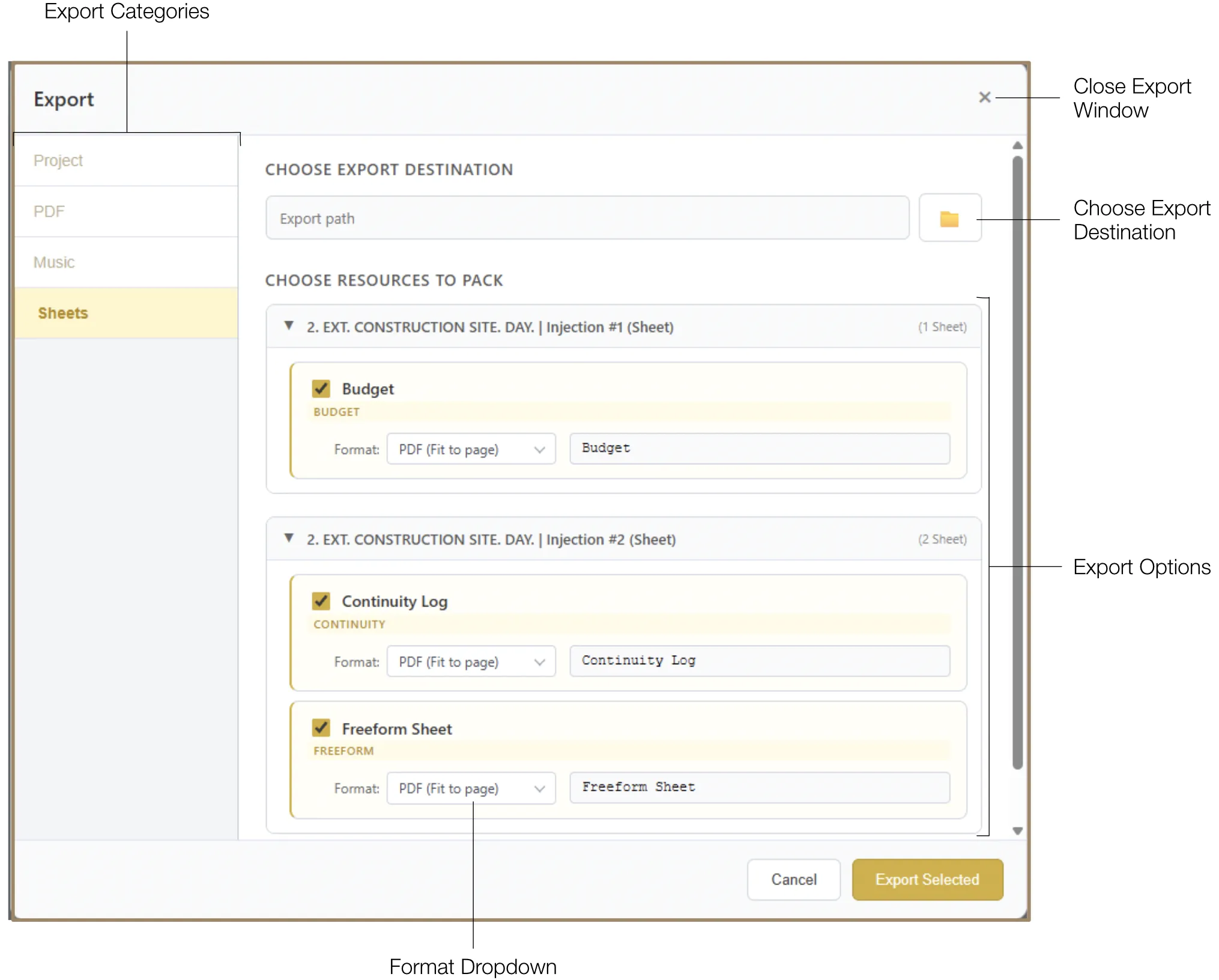 Sheets Export panel with PDF and CSV format options